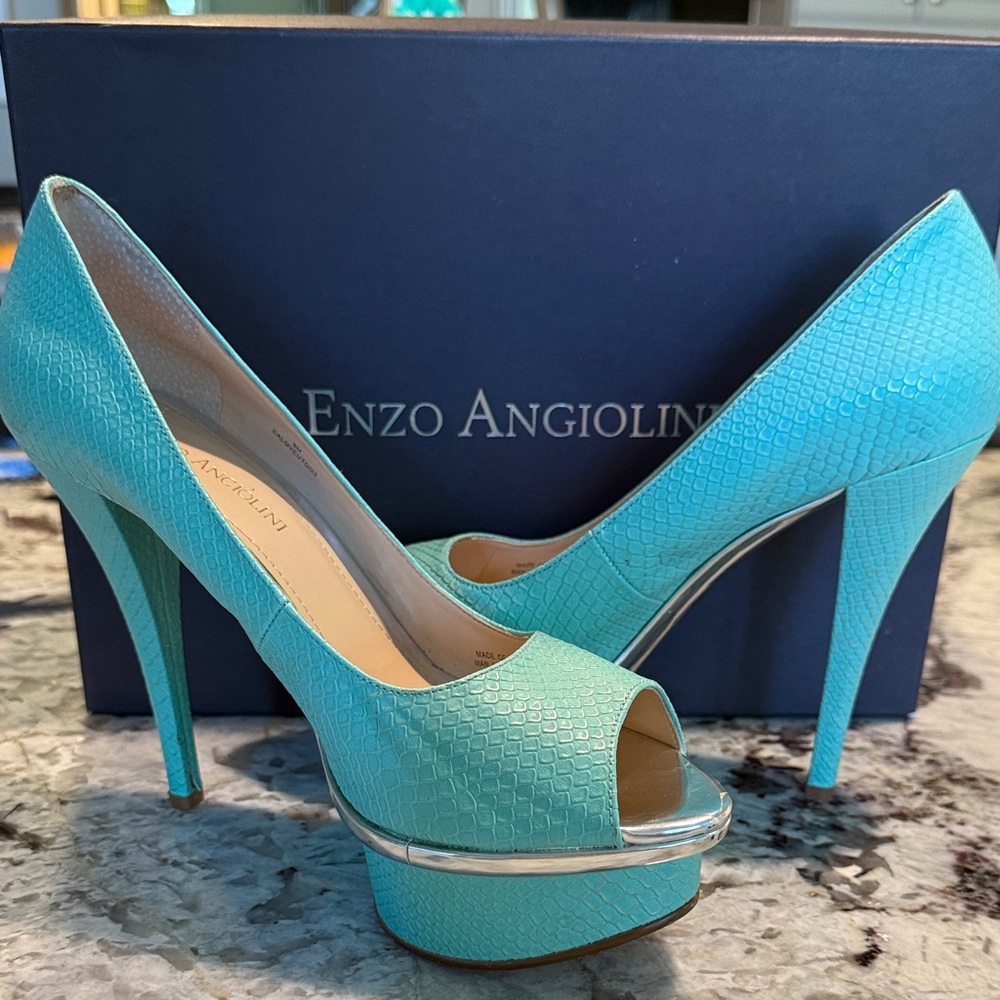 Enzo Angiolini Aqua Snakeskin Peep-Toe Heels “Love U Too”